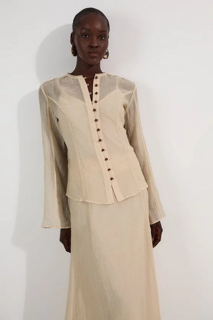 Crinkle Georgette Button Detail Woven Blouse