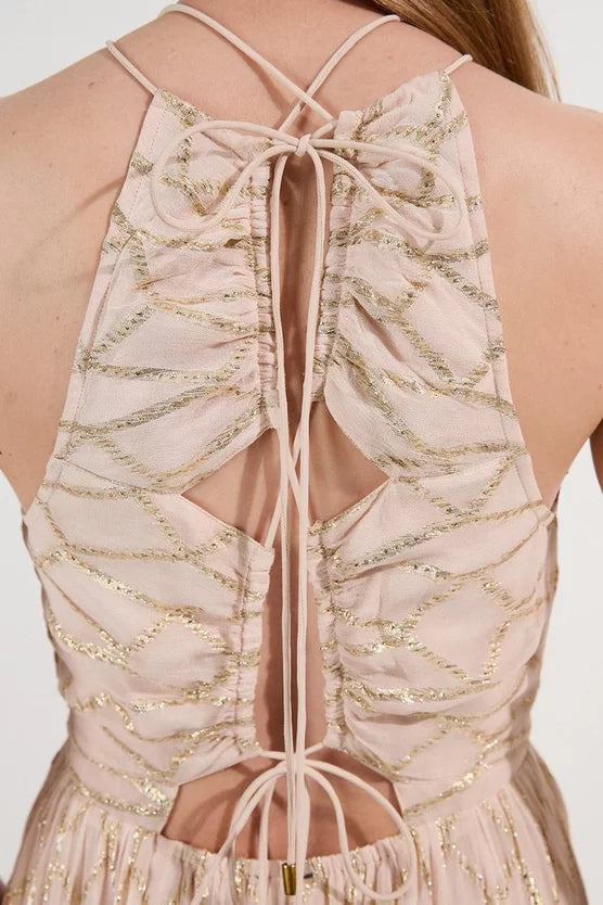 Viscose Metallic Georgette Halter Woven Maxi Dress