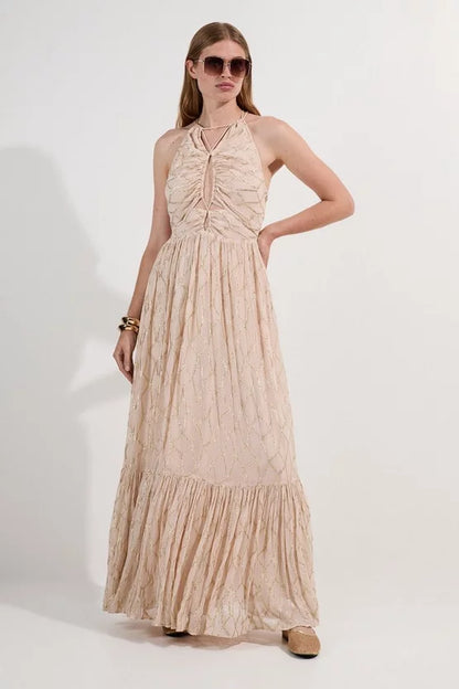 Viscose Metallic Georgette Halter Woven Maxi Dress