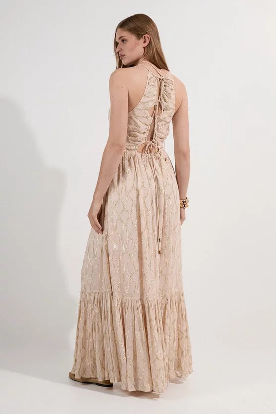Viscose Metallic Georgette Halter Woven Maxi Dress