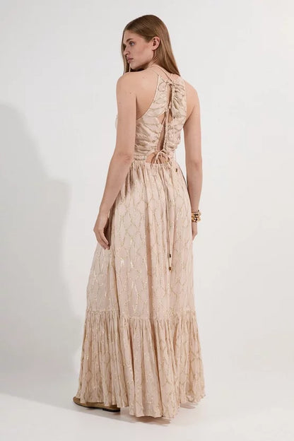 Viscose Metallic Georgette Halter Woven Maxi Dress