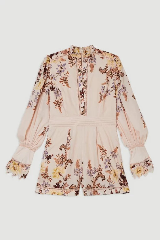 Voile Floral Border Print Woven Playsuit With Ladder Lace Trim