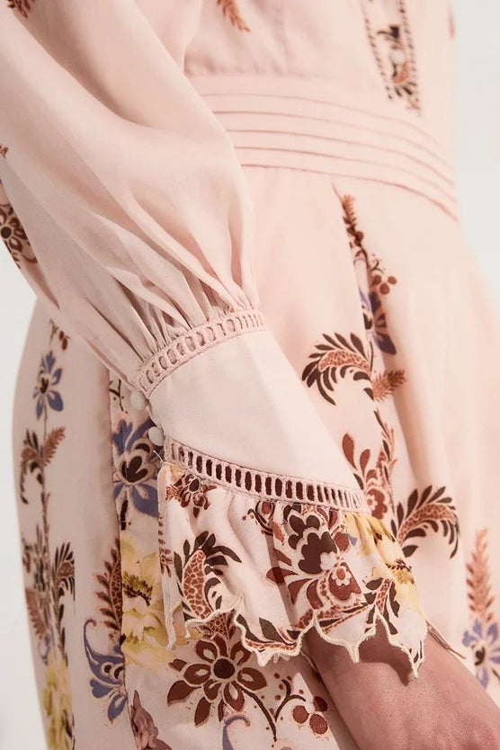 Voile Floral Border Print Woven Playsuit With Ladder Lace Trim