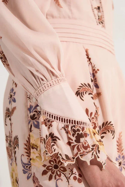 Voile Floral Border Print Woven Playsuit With Ladder Lace Trim