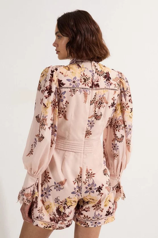 Voile Floral Border Print Woven Playsuit With Ladder Lace Trim
