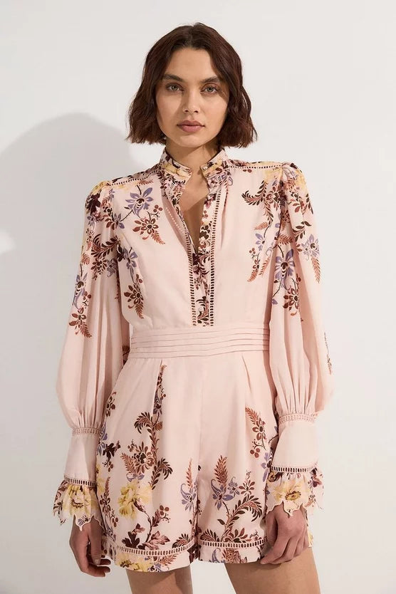 Voile Floral Border Print Woven Playsuit With Ladder Lace Trim
