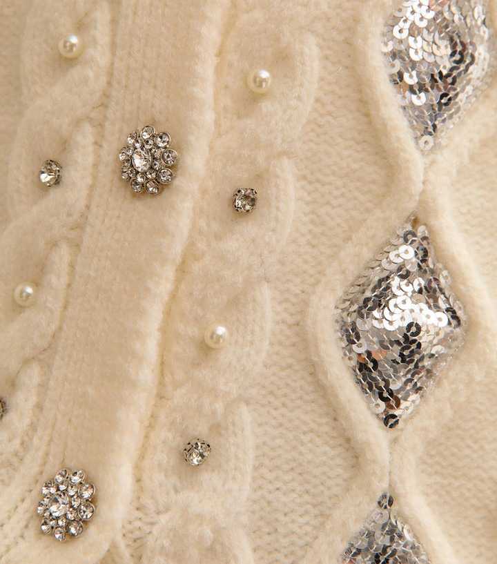 Off White Cable Knit Sequin Embellished Cardigan