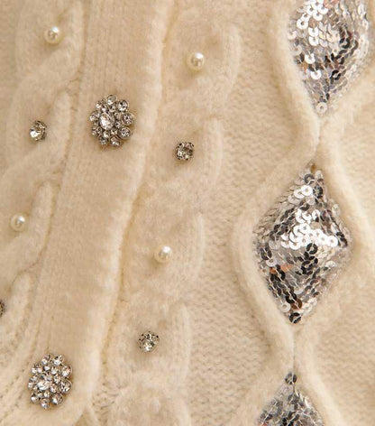 Off White Cable Knit Sequin Embellished Cardigan