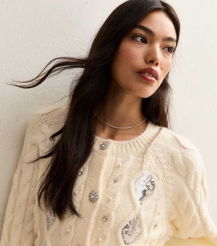 Off White Cable Knit Sequin Embellished Cardigan