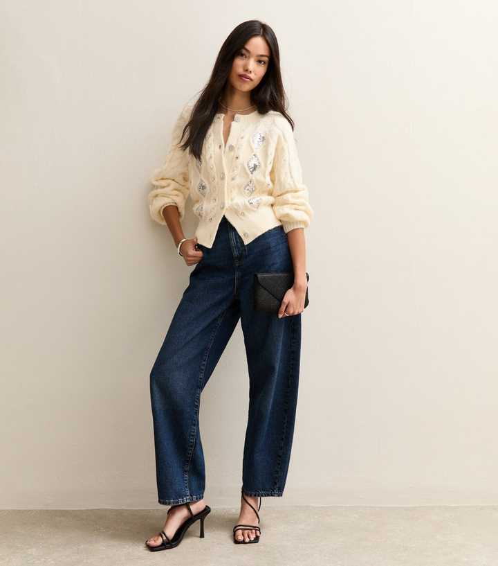 Off White Cable Knit Sequin Embellished Cardigan