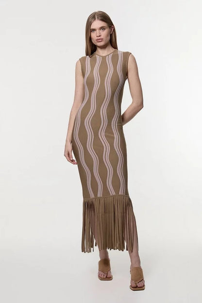 Contrast Wave Knit Dress With Fringing