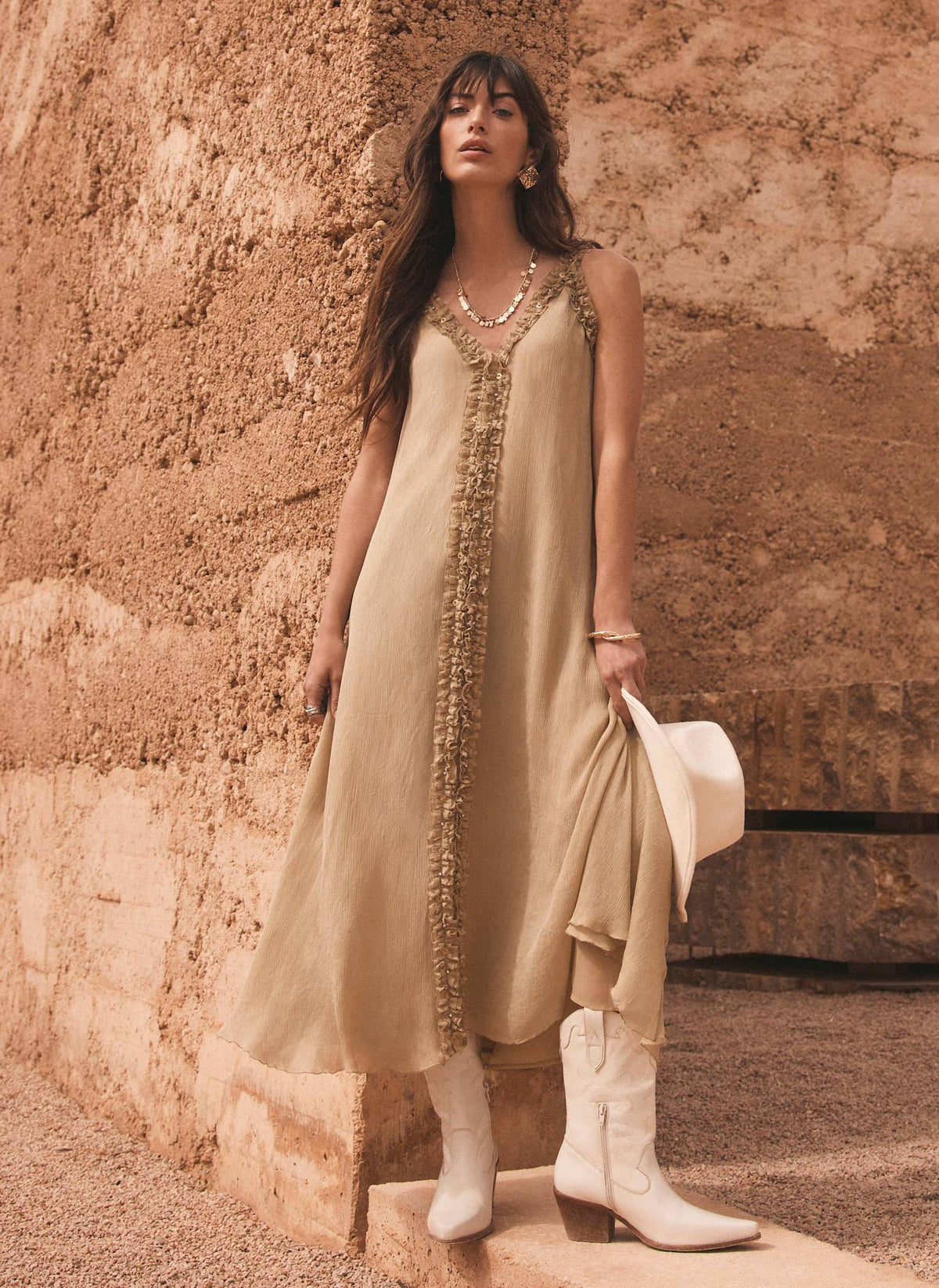 Khaki Embellished Midi Dress