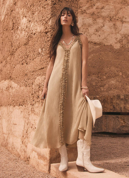 Khaki Embellished Midi Dress