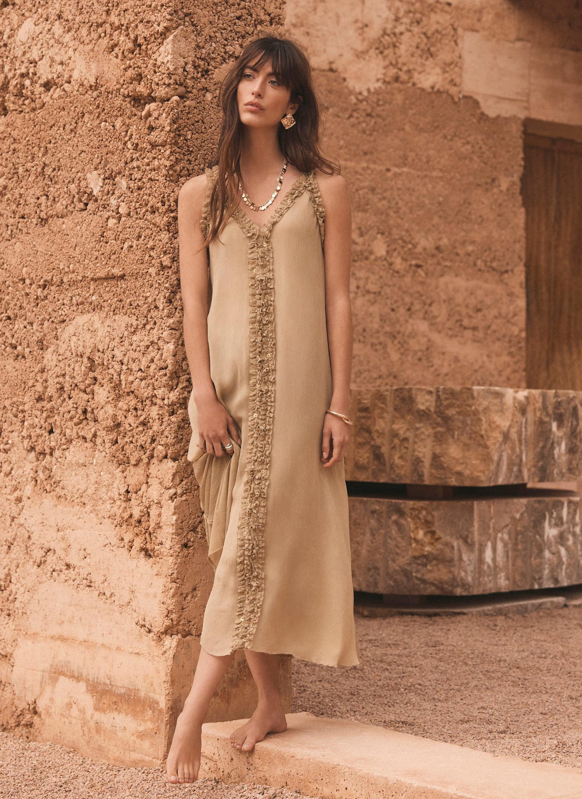 Khaki Embellished Midi Dress