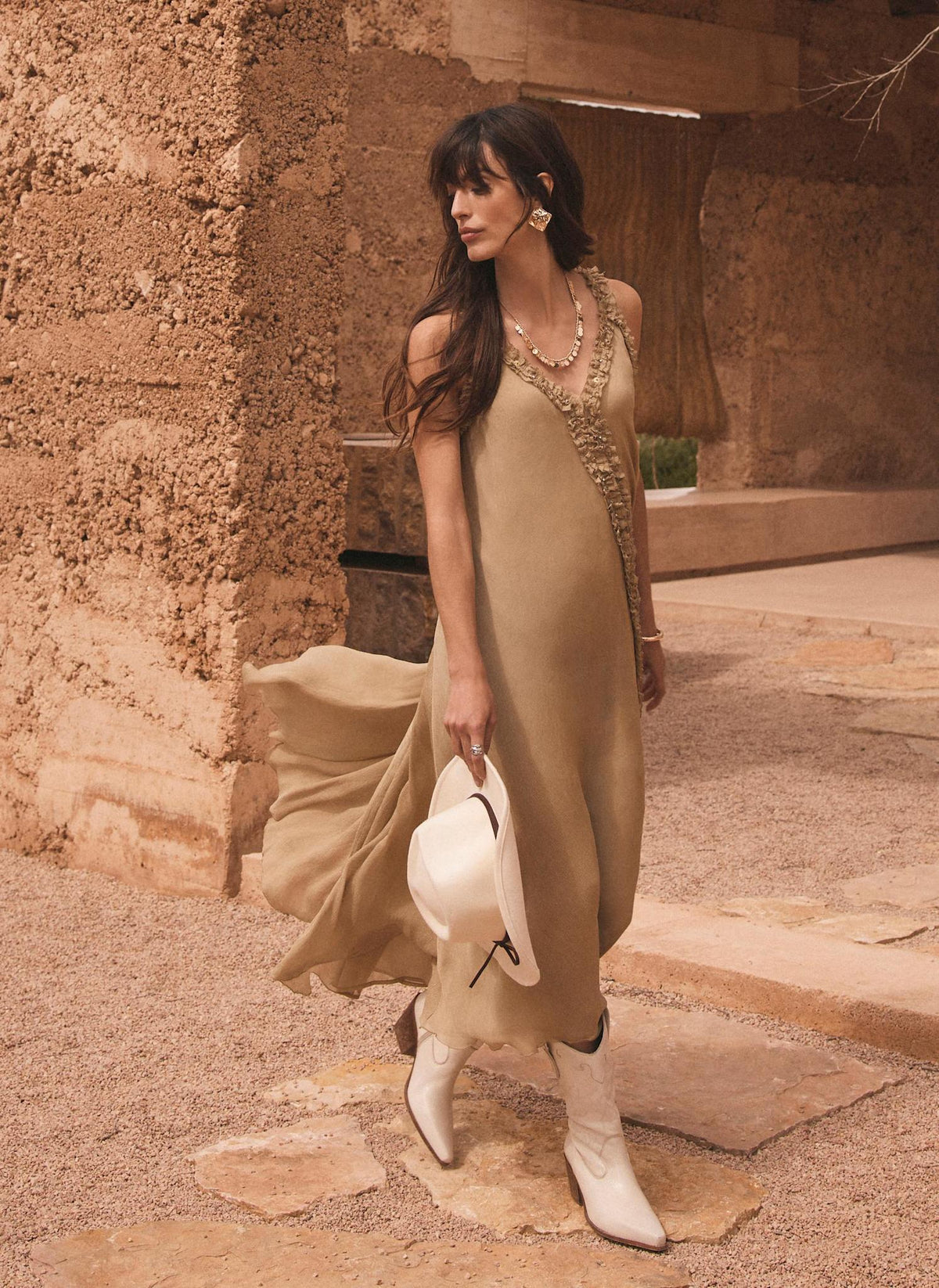 Khaki Embellished Midi Dress