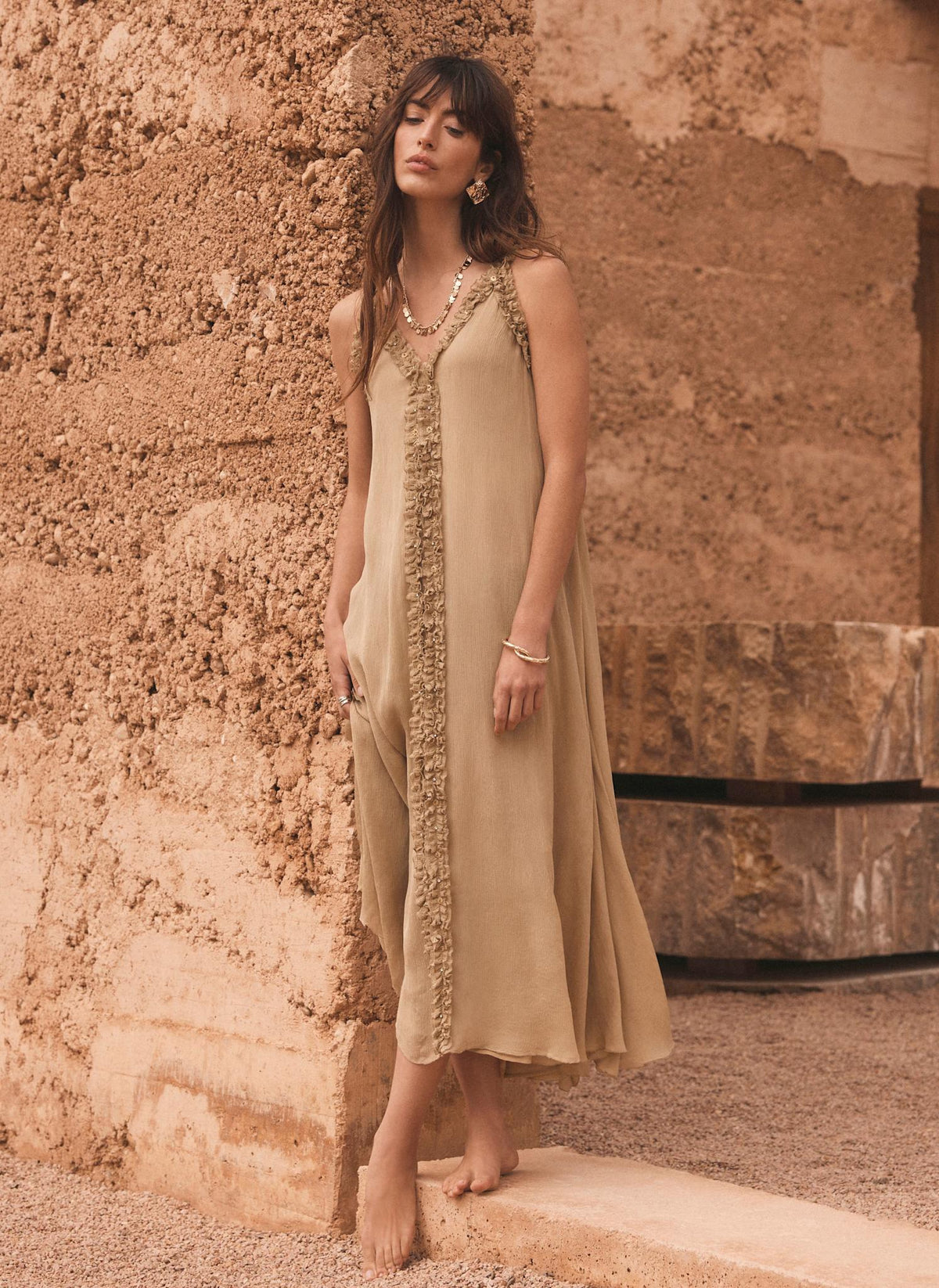 Khaki Embellished Midi Dress