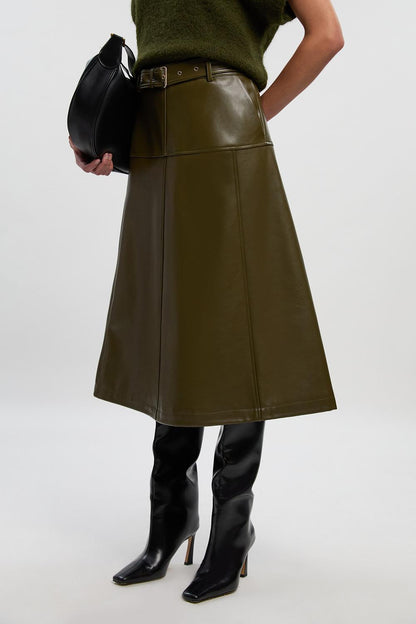Faux Leather Belted Full Skirt