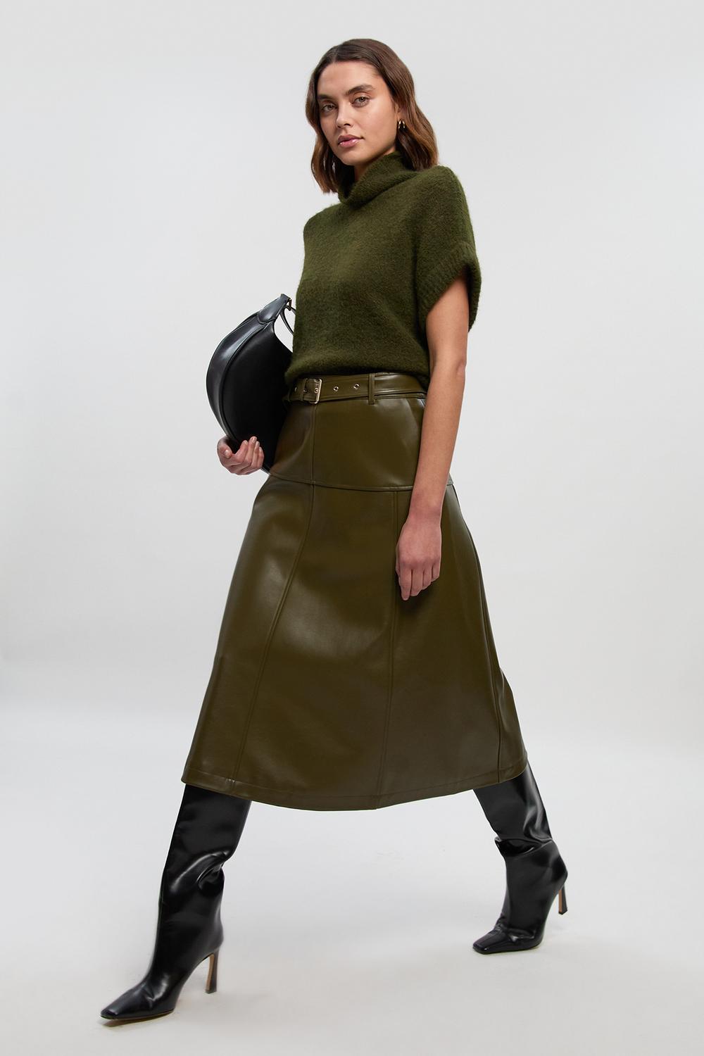 Faux Leather Belted Full Skirt
