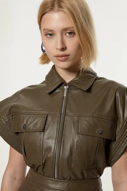 Leather Safari Mini Dress With Detachable Wrap Belt Detail