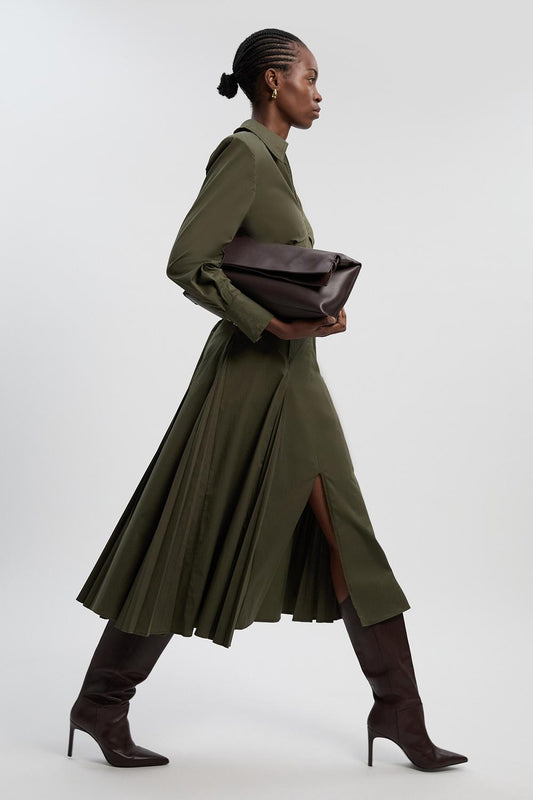 Pleated Detail Cotton Long Sleeve Woven Midi Dress