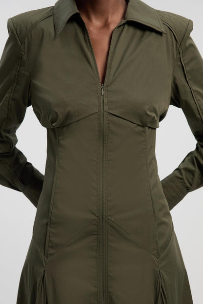 Pleated Detail Cotton Long Sleeve Woven Midi Dress