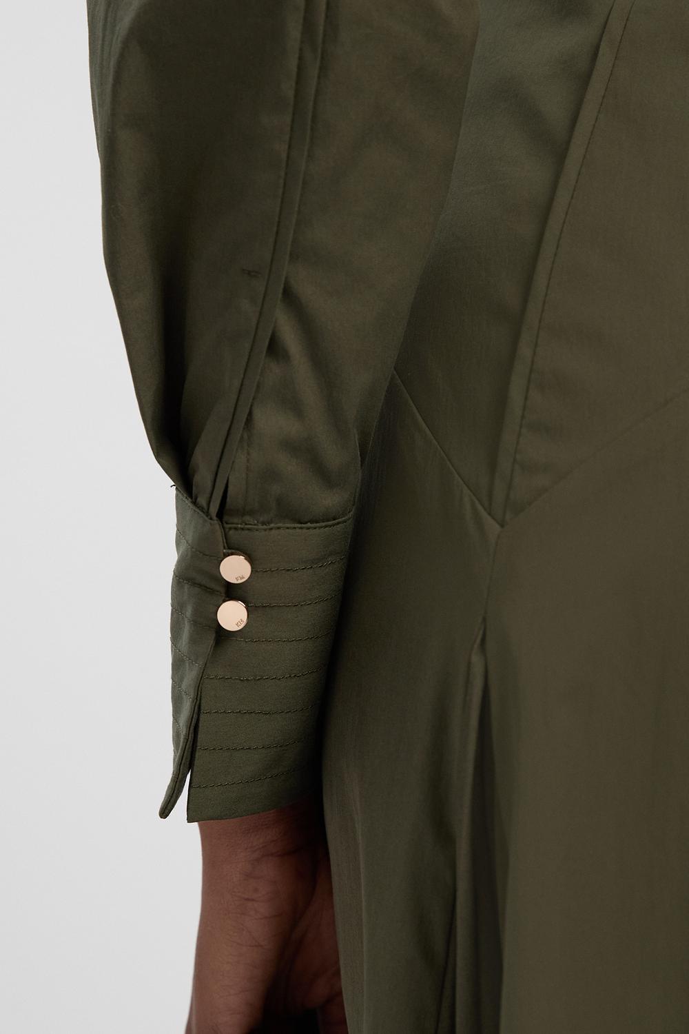 Pleated Detail Cotton Long Sleeve Woven Midi Dress