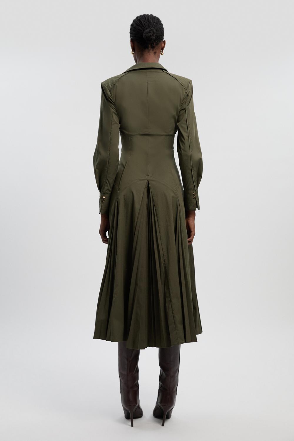 Pleated Detail Cotton Long Sleeve Woven Midi Dress