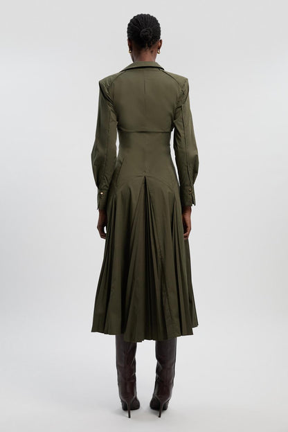 Pleated Detail Cotton Long Sleeve Woven Midi Dress