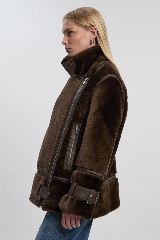 Shearling & Leather Tipped  High Neck Coat