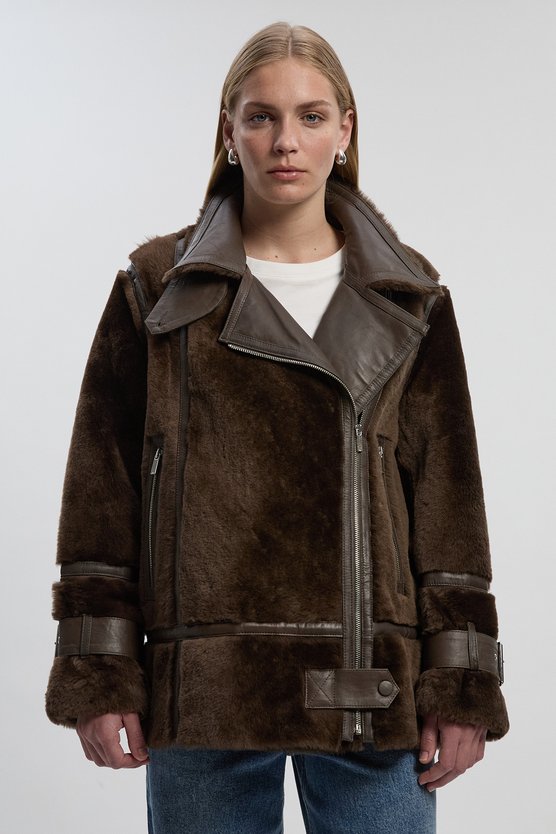 Shearling & Leather Tipped  High Neck Coat