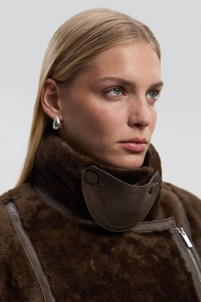 Shearling & Leather Tipped  High Neck Coat