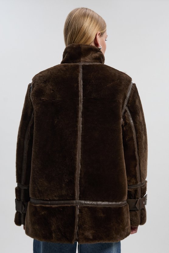 Shearling & Leather Tipped  High Neck Coat