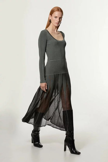 Slinky Knit Scooped Neck Sheer Detail Maxi Dress