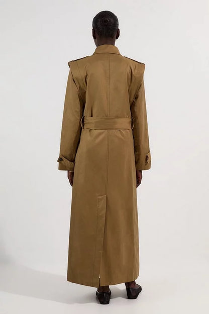 Strong Shoulder Belted Maxi Trench Coat