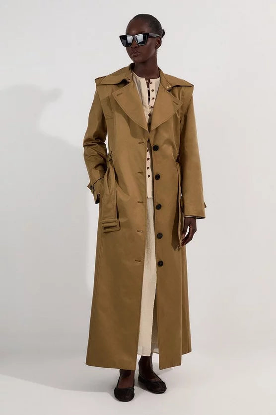 Strong Shoulder Belted Maxi Trench Coat