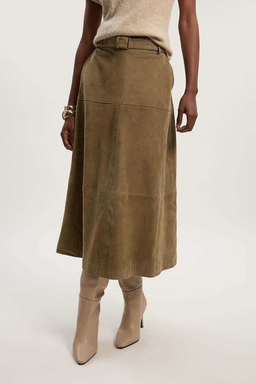 Suede Utility Belted Full Midi Skirt