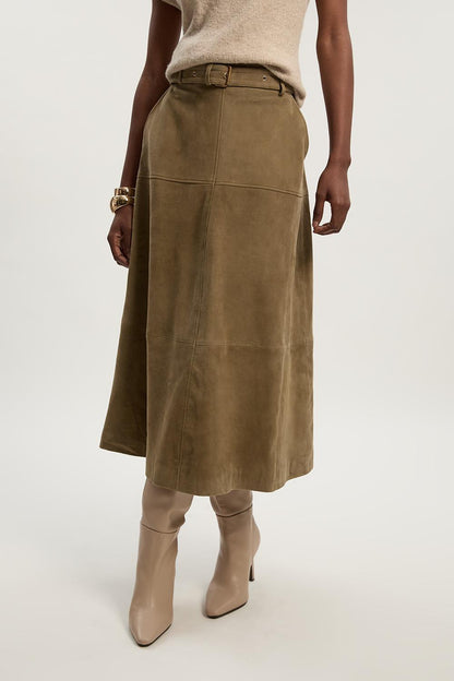 Suede Utility Belted Full Midi Skirt
