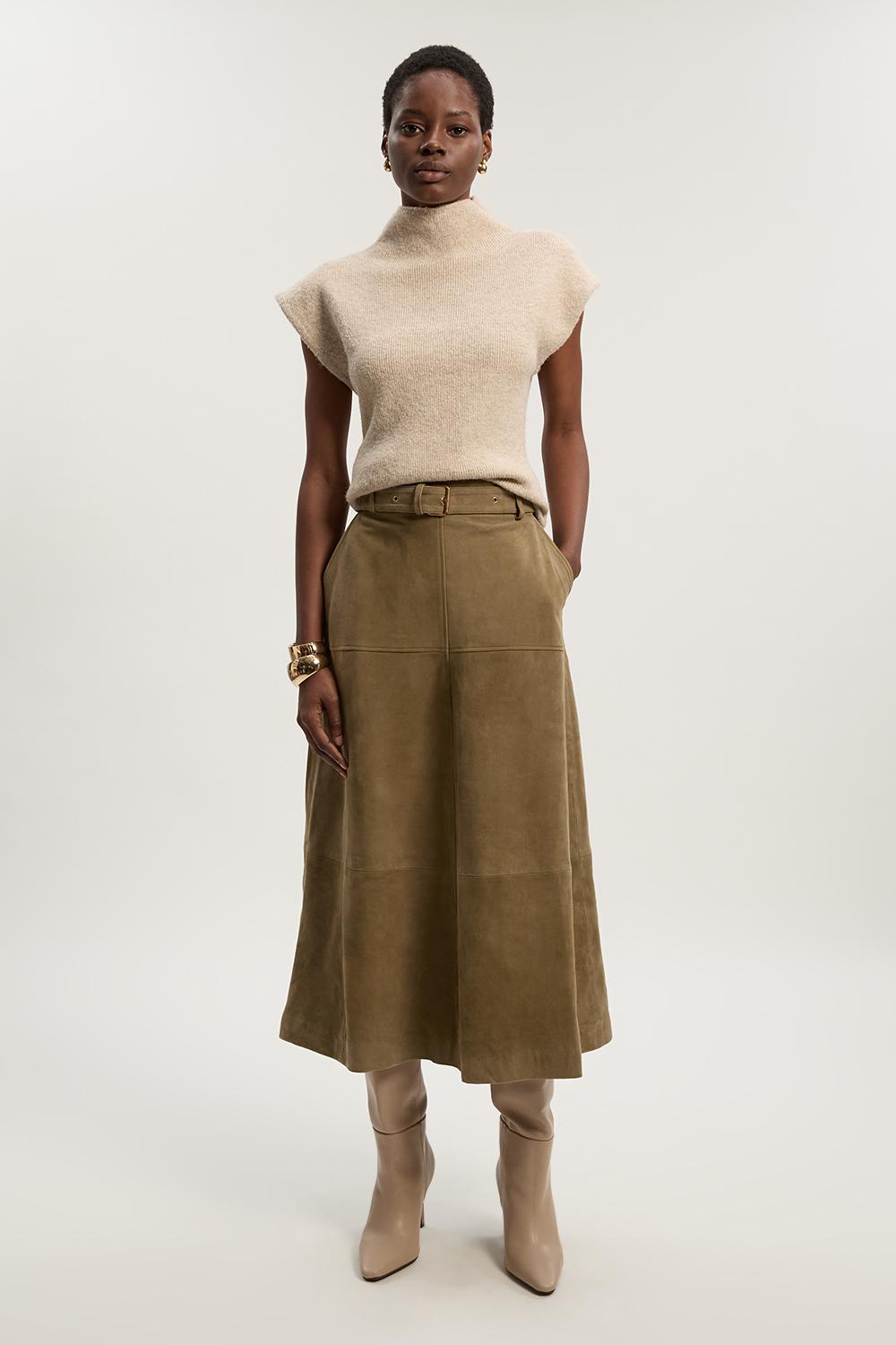 Suede Utility Belted Full Midi Skirt