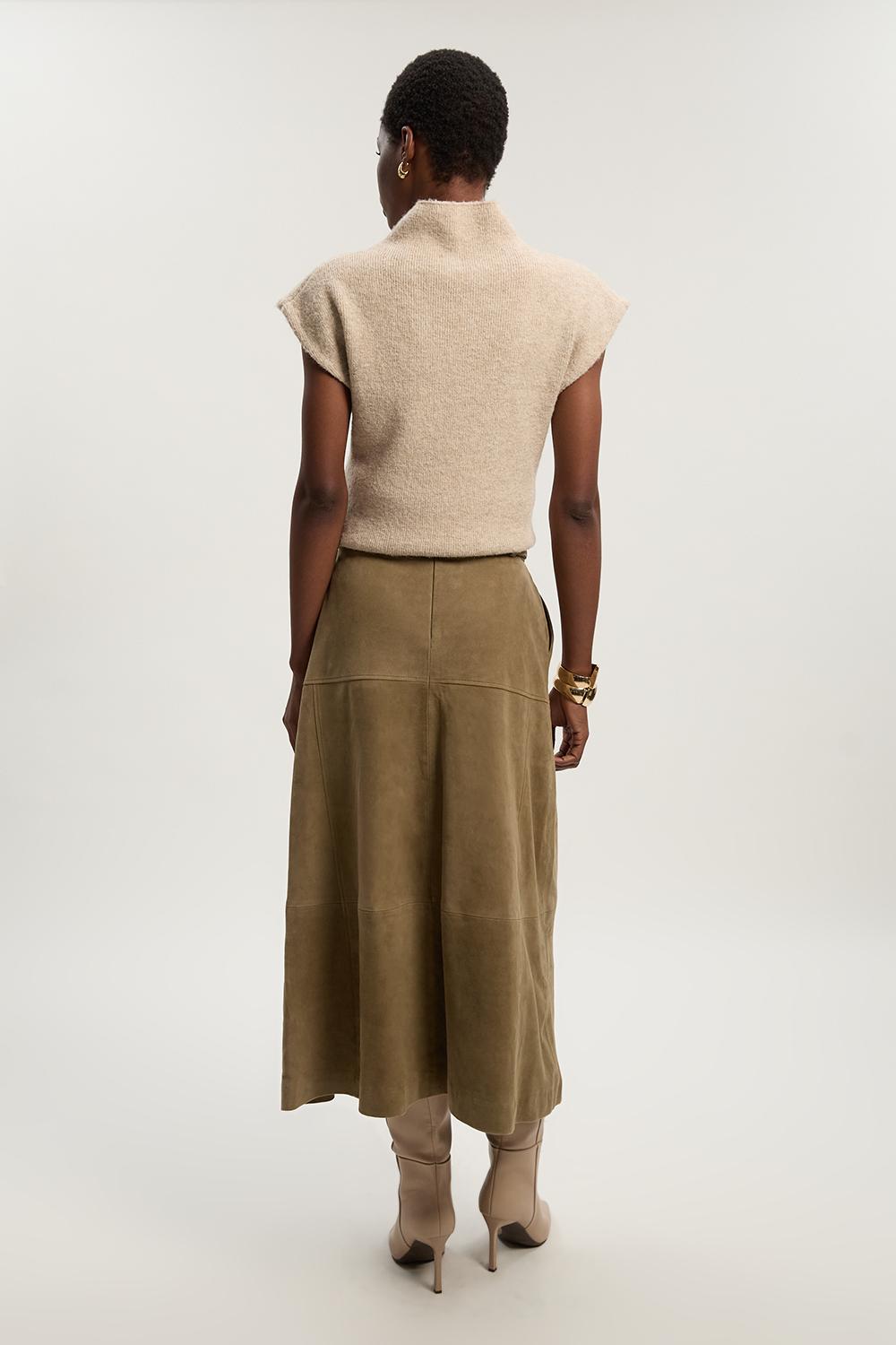 Suede Utility Belted Full Midi Skirt