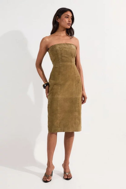 Suede Whipstitch Detail Bandeau Midi Dress
