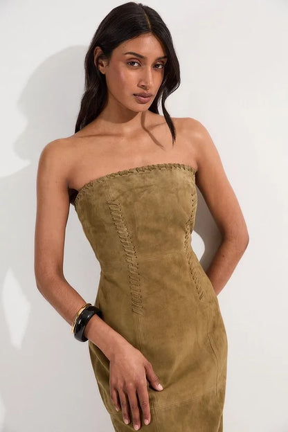 Suede Whipstitch Detail Bandeau Midi Dress