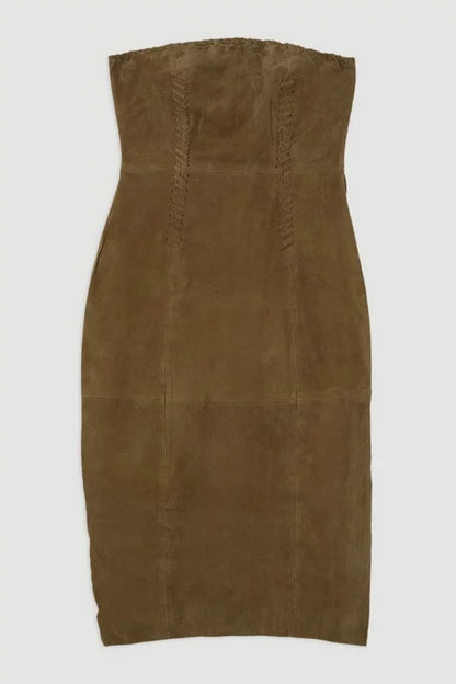 Suede Whipstitch Detail Bandeau Midi Dress