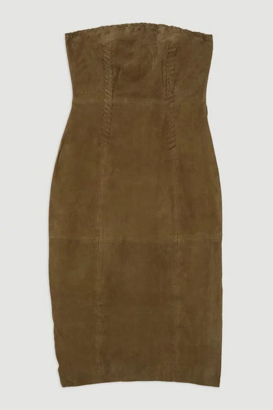 Suede Whipstitch Detail Bandeau Midi Dress