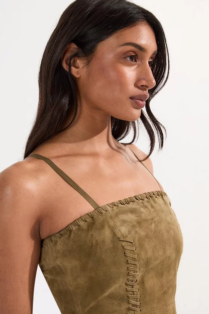 Suede Whipstitch Detail Bandeau Midi Dress