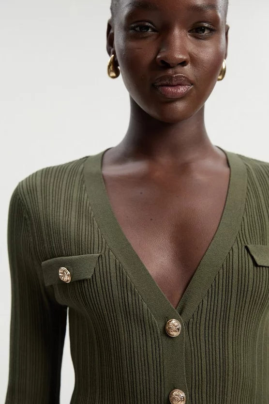 Viscose Blend Dry Handle Rib Military Trim Cardigan