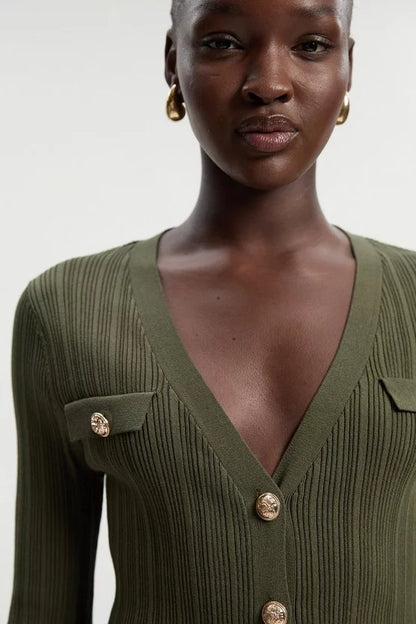 Viscose Blend Dry Handle Rib Military Trim Cardigan