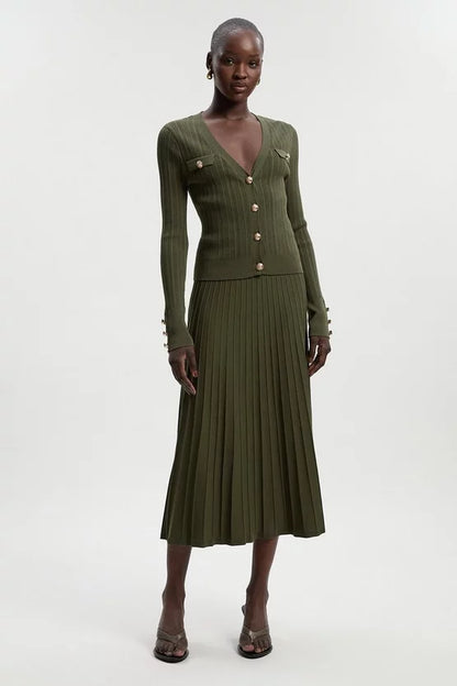 Viscose Blend Dry Handle Rib Military Trim Cardigan