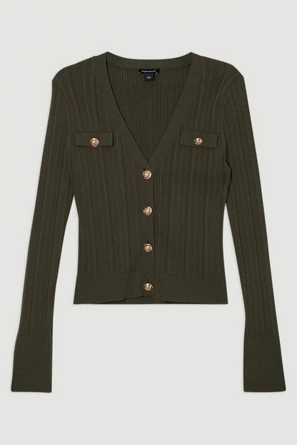 Viscose Blend Dry Handle Rib Military Trim Cardigan