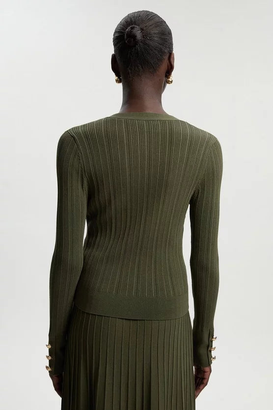 Viscose Blend Dry Handle Rib Military Trim Cardigan