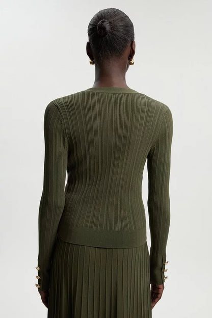 Viscose Blend Dry Handle Rib Military Trim Cardigan